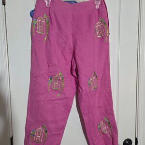 NWOT CJ Laing Pants Pink With Birds Linen size 10